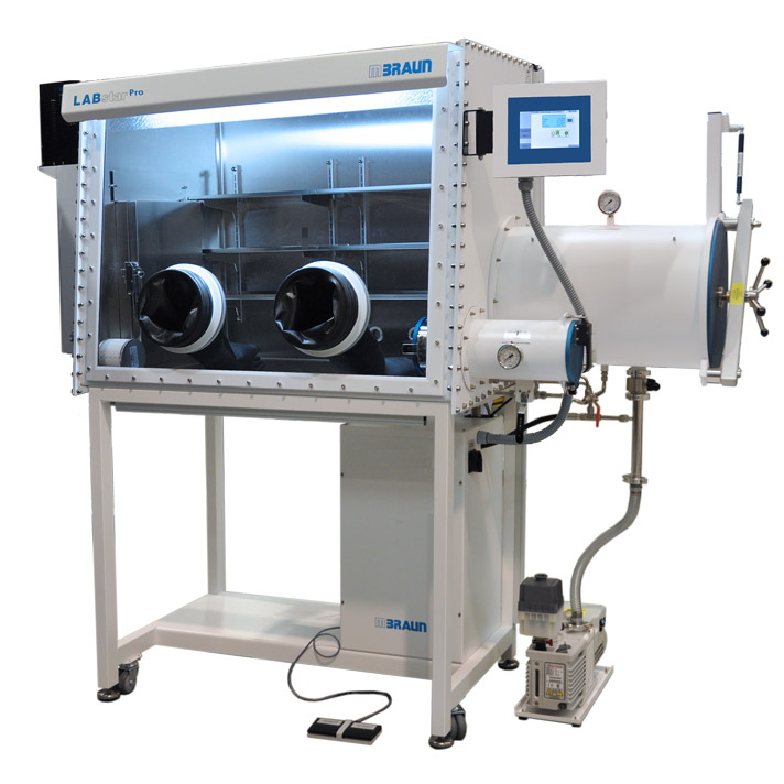 תא כפפות Labstar ProBasic תוצרת M.Braun, לאווירה מבוקרת לחות וחמצן לערכים נמוכים מ-1 ppm.